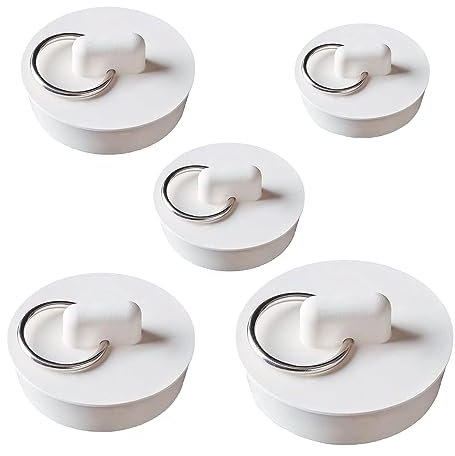 5 Pieza Tapón Fregadero Drenaje, Tapón Drenaje Goma, Tapon Bañera 5 Tamaños Blanco con Anillo Tiro Tapones Drenaje Tope Goma para Bañera Cocina y Baño Tapones Lavabo Universales