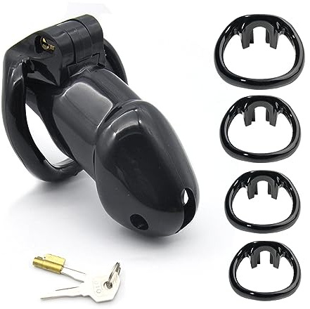 Male Chastity Device Cock Cage Sex Toys for Man, Lightweight Chastity Cage Resin Penis Lock with 4 Different Sizes Ring for Beginner Prevent Erection Adult Abstinence Bondage Toy, Couple Gifts (Black)