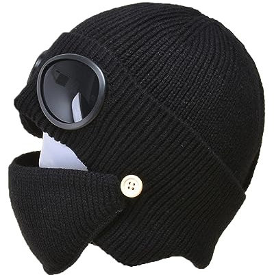 Elegtiskas Unisex Goggle Knitted Beanie Hat Outdoor Winter Warm Ski Hat with Goggle