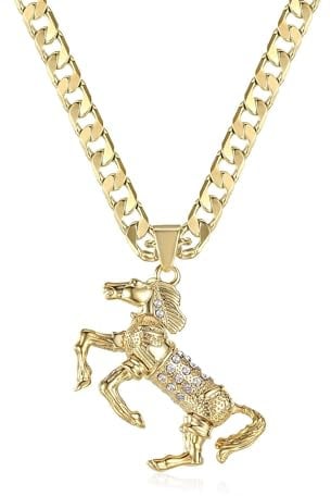 Gold Horse Pendant with Clear Stones on 24″ 4 mm Cuban Chain – 3D Equestrian Charm, Premium Bonded Finish, Hypoallergenic Statement Necklace - Bling King London