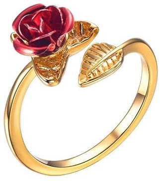 Exquis Rouge Rose Fleur Feuilles Anneau 3 Couleurs Réglable Ouvert Bagues Femmes Saint Valentin Cadeau Bijoux