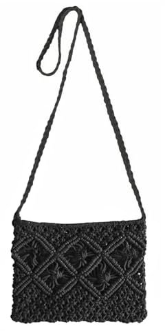 GWAWG Women Handwoven Cross body Purse Summer Beach Straw Messenger Bag,Zipper Design,Multi Purpose Portable Bag (Black)