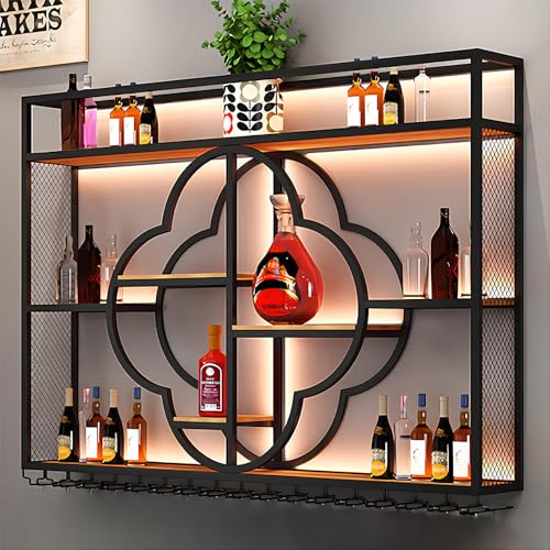 YDEHUEAD Moderne Metall Wand montiert Wein Display Rack, Flower Type-Schicht-Eisen-Rack, Wand Flaschenregal für Ba, Bar Einheit Floating Shelves, Flaschenregal für Home, Restaurant (Black, 100cm)