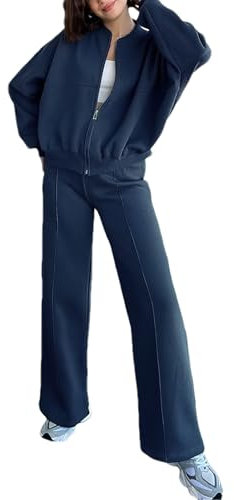 amropi Tuta da Donna Giacca con Cerniera e Pantaloni Jogging Tute 2 Pezzi Sportivo Completo Blu Scuro, XL