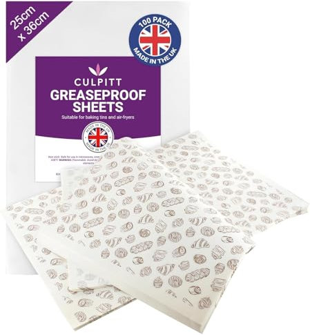 Culpitt Greaseproof Paper Sheets | Bakery | 100 Sheets | Printed Pre Cut Baking Paper For Baking, Freezing, Serving, Displaying | Cookies, Cakes, Pastries, Sandwiches - 25cm x 36cm - 100