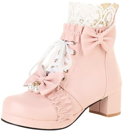 Donne Inverno Breve Stivali Anteriori Lace Up Stivaletto Tinta Unita Lolita Scarpe Stivali Donna Scarpe, rosa, 37.5 EU