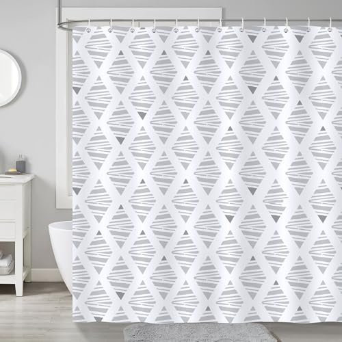 COZZSNUGE Rideau de Douche Géométrique Moderne, Rideau de Baignoire Blanc Gris Géométrique 183 x 183 cm Polyester Imperméable Résistant à la Moisissure 12 Crochets