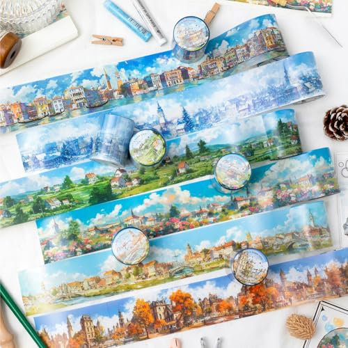 Ta Merry Landschaft Scrapbook Aufkleber Ästhetik 6 Rollen Washi Tape Set für Scrapbooking,Alben,Notizblöcke,Journaling,Tagebuch, Fotoalbum,Bullet Journal Zubehör (Travel Time)