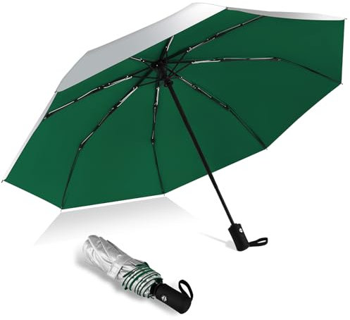 HEXSOLID 46 Inch UV Regenschirm UPF 50+ Automatik Reise Sonnenschirm Ultralight Umbrella Winddichter Regenschirm Mit 8 Rippen für Herren und Damen (Silber/Dunkelgrün, 46inch)