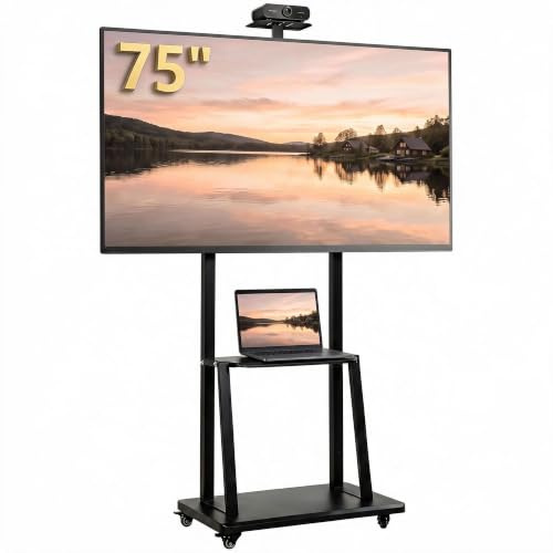 HOMCOM Supporto TV da Pavimento da 32-75 Pollici Max VESA 400x600 mm Nero | Carrello Porta TV, Altezza Regolabile, Ruote a Freno, Ripiano Multimediale, per Schermi LCD/LED/OLED, Carico Max. 50 kg