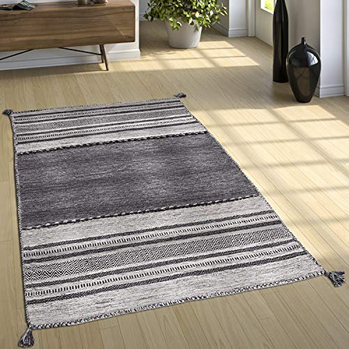 Paco Home Designer Teppich Webteppich Kelim Handgewebt 100% Baumwolle Modern Gemustert Grau, Grösse:60x110 cm