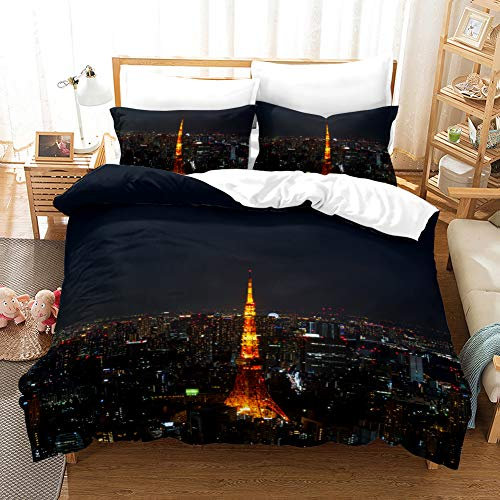 FANSU Bettbezug Bettwäsche Set Mikrofaser 3D Moderne Stadt Bedrucktes Bettwäsche-Set Kopfkissenbezug Bettbezug mit Reißverschluss Schließung (135x200cm -2pcs,Tokyo Tower)
