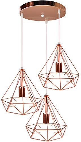 iDEGU Suspension Luminaire Moderne, E27 Lustre Plafonnier Abat-Jour Forme Diamant Fer Rétro Or Rose Lampe de Plafond Décoration d'éclairage pour Chambre Cuisine Salon (Support en Cercle, 25CM)
