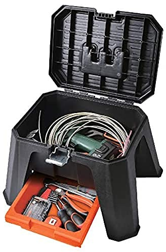 BOXER® Werkzeughocker mit Schublade – Tritthocker mit Werkzeugschublade 200kg belastbar – stabile Stahlverschlüsse & PP-Griff – Sitzfläche 36x25cm – 50,8x40,6x31,8cm