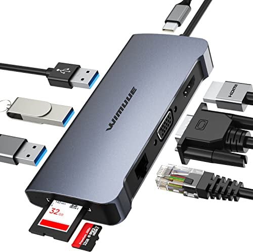 USB C Hub, WIMUUE 10 in 1 Aluminum Adapter with 100W Power Delivery, RJ45 Ethernet, 4K HDMI, VGA, 3 USB 3.0 Ports, SD/TF, USBC Dongle for MacBook Pro/Air Thunderbolt 3 Multiport Dock USB Type C Laptop