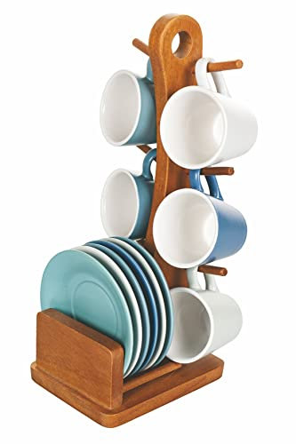 Villa d'Este Home Tivoli Set mit 6 Kaffeetassen mit Untertasse aus Steingut, Ständer aus Holz, Shade of Ocean, Hellblau, Medium