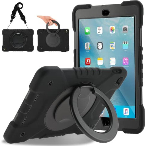 ANDNARY Schutzhülle für Kinder, kompatibel mit iPad 9.7 2018/2017/iPad Air 2/1/Pro 9.7, [PC + Silikon] [360° drehbarer faltbarer Ständer] Hülle für iPad 9,7 Zoll 6. / 5. Generation, Schwarz