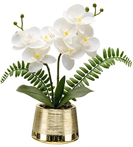 Oairse Artificial Orchid Flowers White Artificial Flower in Gold Ceramic Pots Real Touch Silk Phalaenopsis Faux Orchids Plant for Home Office Kitchen Bathroom Bedroom Table Decoration, 31CM
