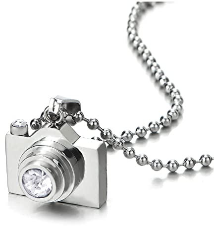 COOLSTEELANDBEYOND Unisex Telecamera Ciondolo con Zirconi, Collana con Pendente da Uomo Donna, Acciaio, 60CM Palla Catena