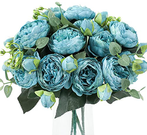 Veryhome 4 Bündel Künstliche Blumen Pfingstrose Seide Pfingstrosen Sträuße Gefälschte Blumen Blumensträuße Hochzeitsdekoration Home Tisch Küche Büro Garten Brautgrün (Blau)