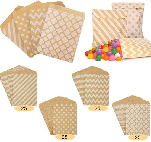 Ruucy 100 Stück Papiertüten Braun Candy Bar Tüten Kraft Geschenktüten Süssigkeiten Beutel Bonbon Taschen für Geburtstagsfeiern Hochzeit Party Geburtstag, 18 x 13cm