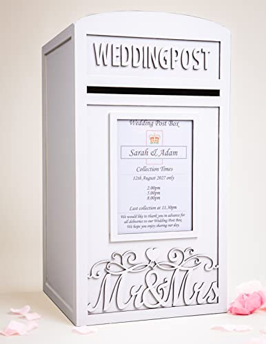 Large White Persoanlised Wedding Card Post Box Including Lock & Keys, Lockable Wedding Card Box for Reception, Wooden Royal Mail Card Postbox,