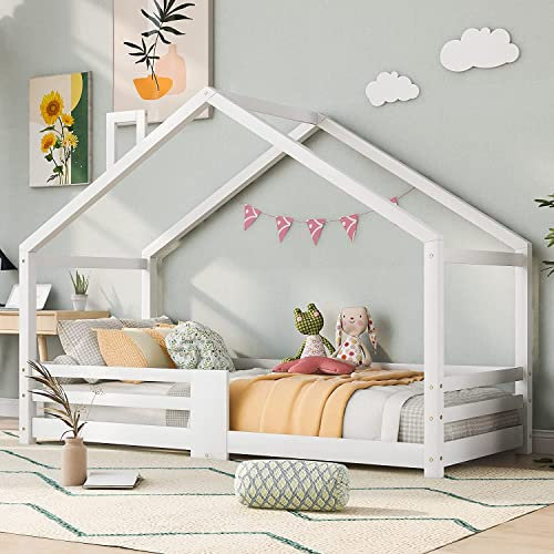 ModernLuxe Kinderbett Hausbett 90x200 cm Rausfallschutz Bett, Holzbett für Kids, Mit Rausfallschutz und Lattenrost, für Kinder (ohne Matratze) (Weiß A)
