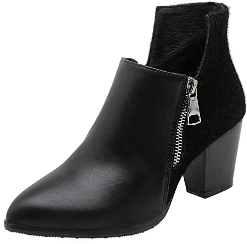 Lroey Reoly Stivaletti da Donna con Tacco a Blocco, Stivali da Cowboy Moda Zip Stivali Corti Tacco Alto Appuntito 433 Nero/Ms Numero 46 EU