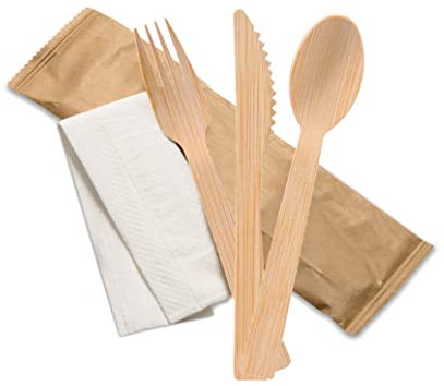 1 x Sample Individual Wrapped Bamboo Wooden Compostable Cutlery Set - Pack of Spoon, Fork and Knife Cutlery Set + Tissue - Biodegradable
