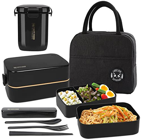 UHAPEER 2 Tier Lunch Box Bento Box with Lunch Bag Cutlery, Bento Lunch Boxes with Adjustable Compartments for Adults and Kids, Portable Leakproof Food Container Lunchbox for Work and School, Black