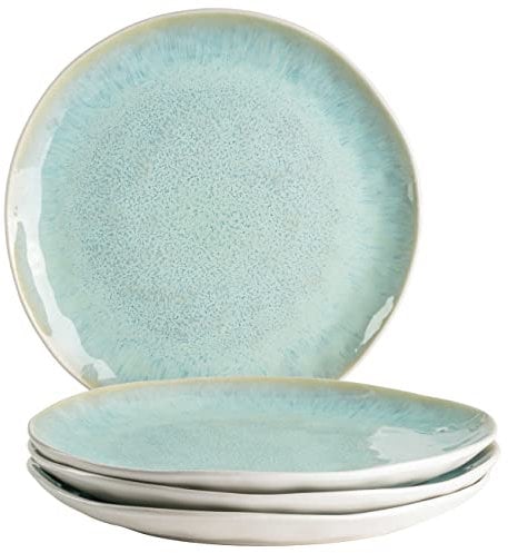 MÄSER Frozen, Modernes Speiseteller 4er-Set mit gesprenkelter Glasur und organischen Formen, 4 große flache Essteller aus Keramik im aufregendem Vintage Look, Steinzeug, Türkis