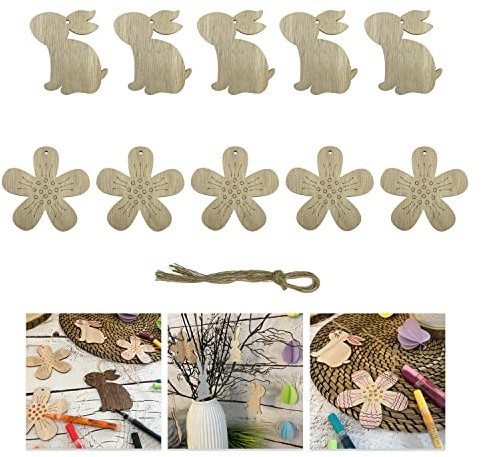 Oblique Unique® Holz Hasen und Blumen 10er Set zum Aufhängen Anhänger Hängedeko Häschen Osterstrauß Deko Dekoration aus Echtholz für Ostern zum Basteln