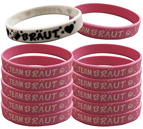 XINCHEN 12 Stück JGA Armband team bride,Silikon Jelly Armbänder für Jugendliche, Bride Armbänder,1 Bride und 11Team Bride Armbänder, Bride Armband für Junggesellinnenabschied (Rosa/Weiss)