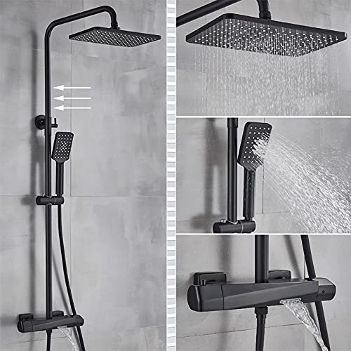 LIDCOM Robinet de Douche chromé Robinet de Bain thermostatique Pommeau de Douche Pluie Mitigeur de Baignoire Mural Ensemble de Douche contrôlé par Thermostat, Rond, Tube Noir