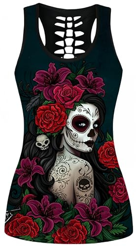 Ocean Plus Femme Crâne Sport Débardeurs Gothique Cache-cœur Gilet d'entraînement sans Manches Chemise Criss Cross Noir T-Shirt Halloween (M (Poitrine: 86 cm), Grandes Fleurs Rouges Femme fantôme)