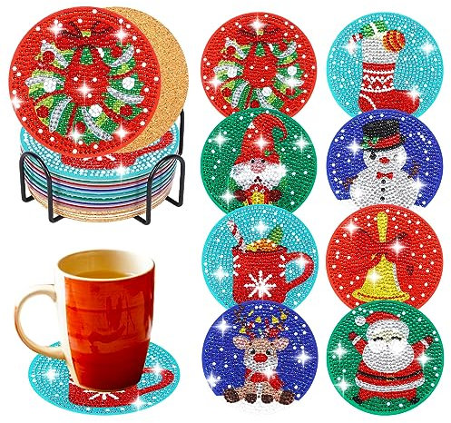 8 pièces sous-Verres Diamond Art de Noël avec Support Peinture de Diamants sur Le thème de Noël,Dessous de Verre en Diamant pour Les débutants,Enfants, Fournitures d'artisanat d'art 10cm