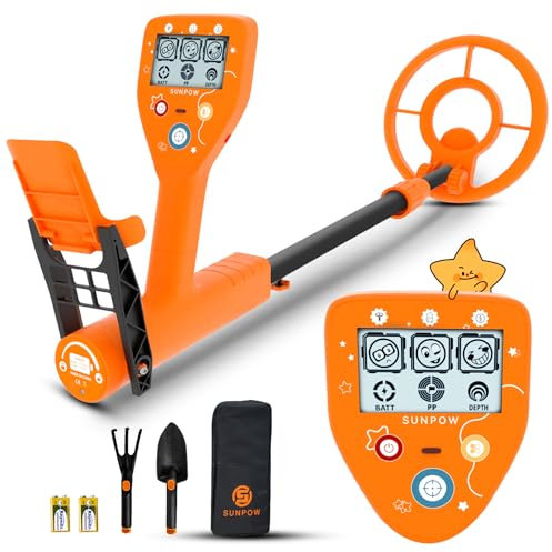 SUNPOW Metal Detector for Children - Exclusive Cartoon LCD Display, IP68 Waterproof Spool, Unisex Design, 3 Models (All Metal/Disc/Pinpoint Mode), 32-40 Inch Adjustable Stem for Children 5-12