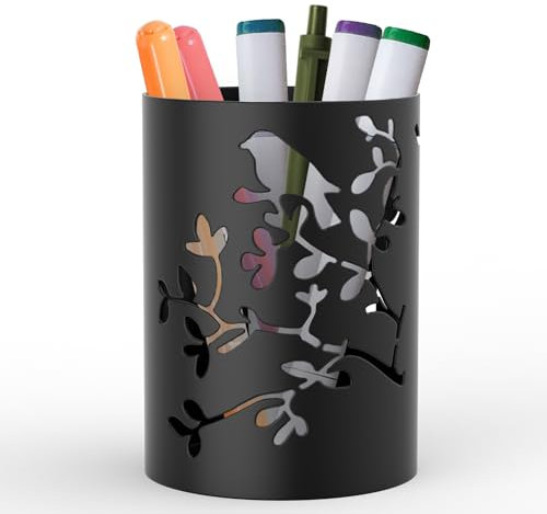 Mango Steam Metal Pen Holder, Makeup Brush Cup Organizer for Office, Bathroom, Vanity (Black, Bird)
