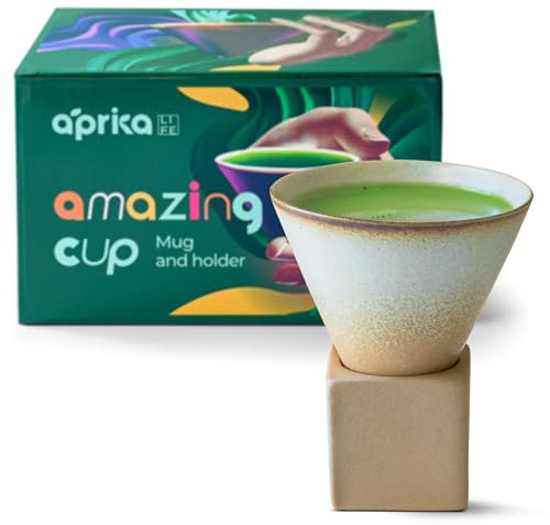 aprikalife Japanese Pottery Coffee Mug with Base 200ml - Ceramic Handmade Triangle Cone Funnel Shaped Retro Tea Cup - Dishwasher & Microwave Safe Coffee Cup for Tea, Cocoa, Espresso & Latte