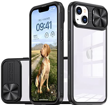 MEIQIBAO Coque pour iPhone 13，Protection Caméra Étui avec Ultra Mince Coulisse Cache Objectif composé d'un Dos en Transparent PC et d'un Cadre en TPU-Noir[Classe énergétique A+++]