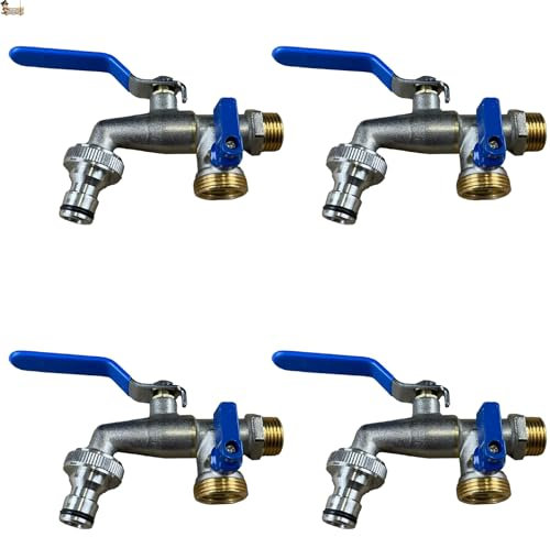 BricoLoco.com Grifo exterior doble salida con adaptador manguera. De pared. Pack 4 uds. Jardín o terraza. Dos salidas para conectar manguera, lavadora, programador riego... 1/2 x 3/4” x 3/4” (4)