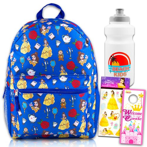 Die Schöne und das Biest Rucksack für Mädchen, Set mit 40,6 cm großem Prinzessinnen-Bell-Rucksack, Wasserflasche, Aufklebern und mehr, Die Schöne und das Biest Rucksack Disney, Princess Belle