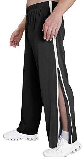 Reha Hose Damen Herren Seitlich Zu Öffnen Lang Baggy Trainingshose mit Seitlichem und Reißverschluss Am Bein Weites Bein Schnellfickerhose Druckknöpfen Sporthose Freizeithose(03 Black,3XL)