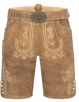 Krüger Herren Trachten Lederhose kurz, Modell: Roberto mit Gürtel, Knielang, braun, Tracht, Volksfest