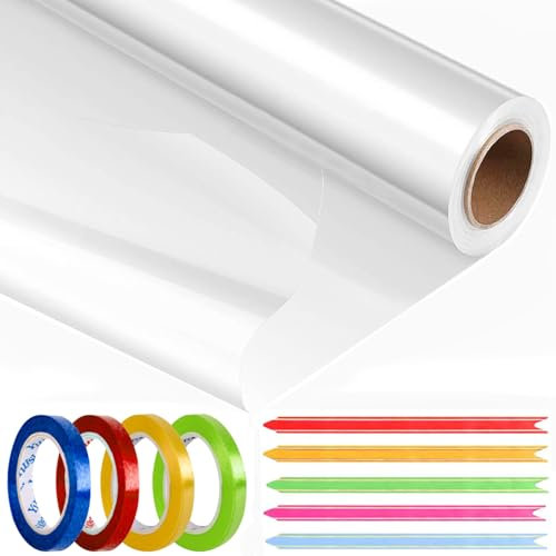 40cm x 30m Cellophane Wrap roll, 3 Mils Thickness Clear Cellophane Roll,Wrapping Paper Roll with 50 Colorful Pull Bows&4 Rolls Ribbon for Present Packaging of Christmas.