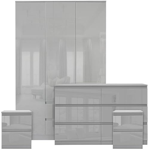 High Gloss 4 Piece Bedroom Sets, 3 Door 2 Drawers Wardrobe, 6 Storage Drawer Chest Of Drawers, 2x Bedside Cabinets Bedroom Furniture Sets, Grey