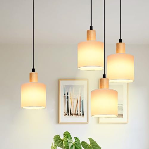 Glitzerlife Pendelleuchte Holz Hängeleuchte Vintage - Esstischlampe 1 Flammig und 3 Flammig Hängelampe Esstisch Rund E14 Weiß aus Stoff für Wohnzimmer Küche Esszimmer