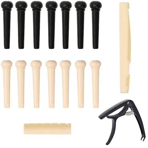 VZU 14 PCS Acoustic Guitar Bridge Pins String Pegs Guitar Saddle Nut with Upper and Lower Guitar Nut Guitar Capo, Guitar Setup Kit (Black,White)