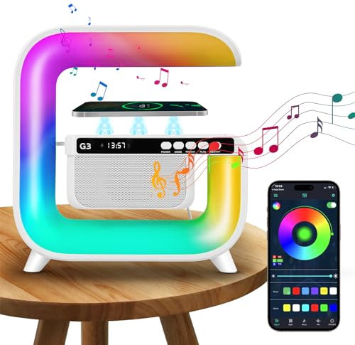 Luqixcey LED Table Lamp with Wireless Charger,Large G Smart Light Bluetooth Speaker, Wake-up Light with 5 Modes of Color Lighting and Time Display, Birthday Gift for Living Room Bedroom