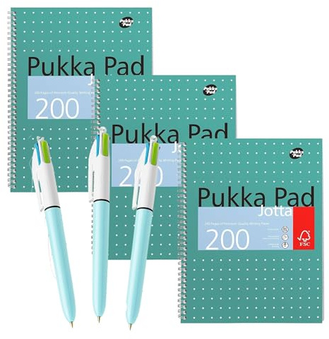 BIC 4 Colour Fun Pen Pack of 3 with Fun Colour Barrel & Pukka Pad A4 Metallic Jotta 3 Pack Wirebound Notebook 8mm Lines 80GSM Paper for Students and Creative Projects